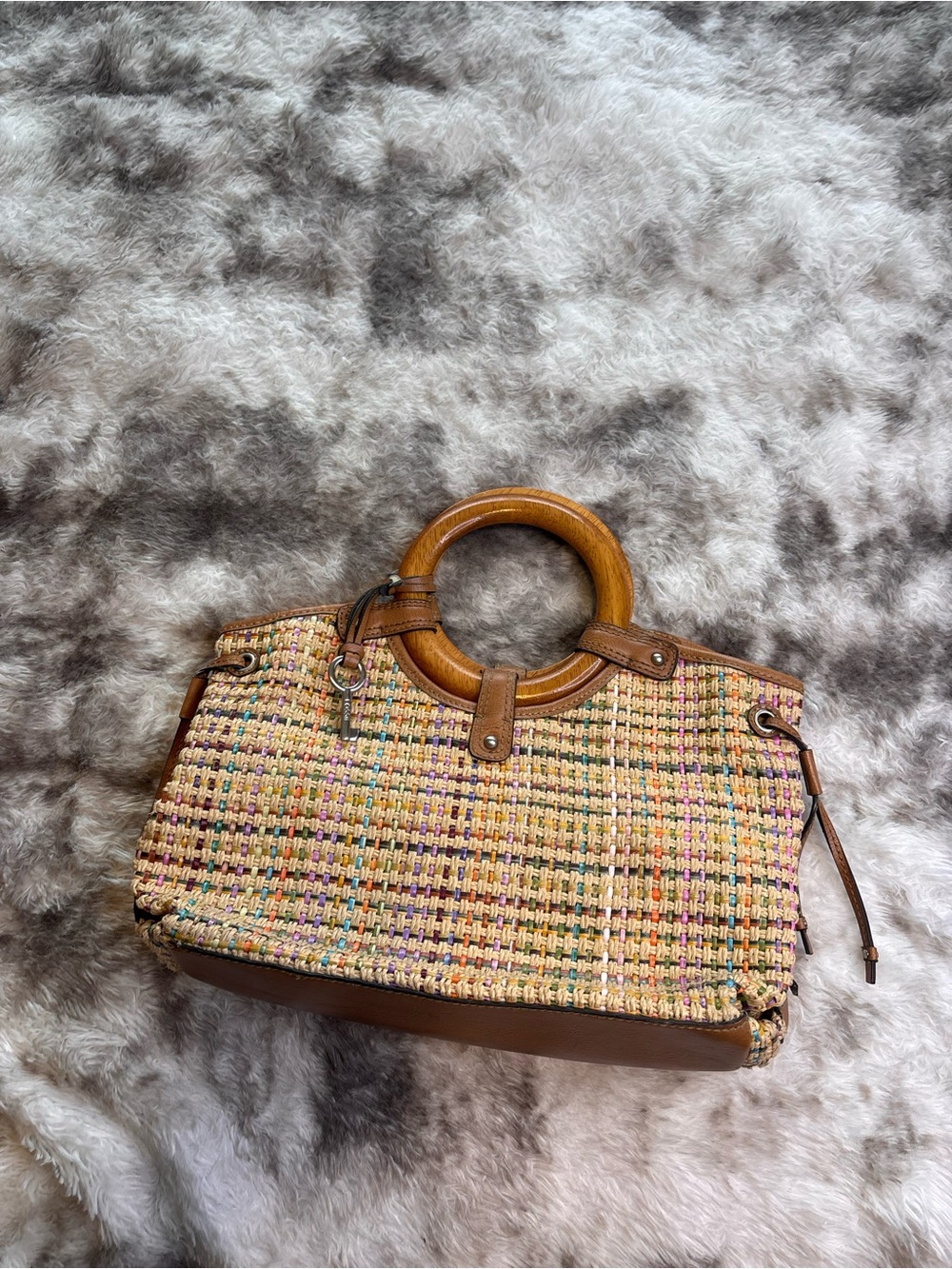 Fossil Multicolor Woven Tote with Wood Ring Handles